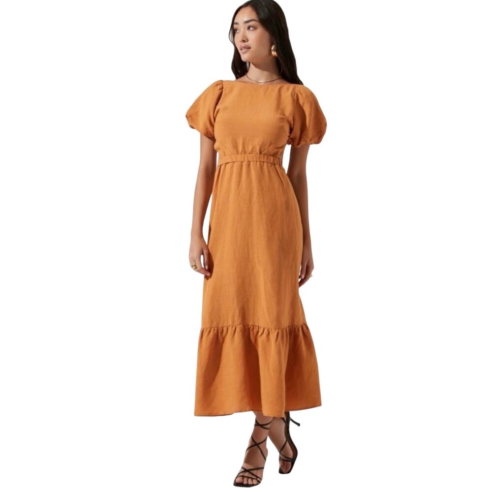 ASTR The Label Jelena Mustard Linen Blend Cutout Puff Sleeve Midi Dress M